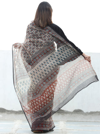 Beige Red Black Hand Block Printed Kota Doria Saree In Natural Colors - S031704069