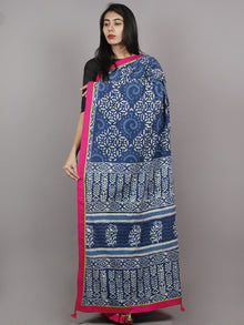 Indigo White Pink Hand Block Printed & Thread Embroidered Cotton Saree With Tassels - S031701361