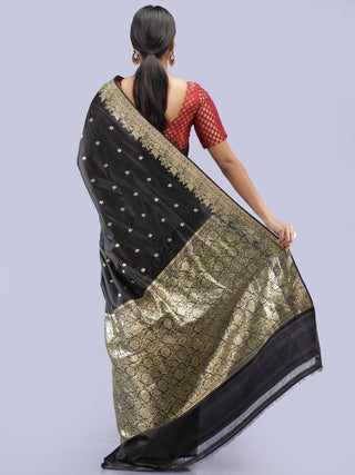 Banarasee Pure Katan Silk Handloom Saree With Zari Work - Black & Gold - S031704287