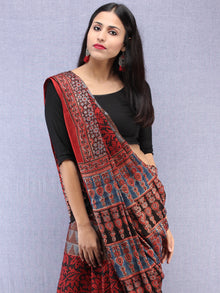 Red Beige Black Indigo Ajrakh Hand Block Printed Modal Silk Saree - S031704443