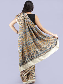 Ivory Indigo Mustard Ajrakh Hand Block Printed Modal Silk Saree - S031704230
