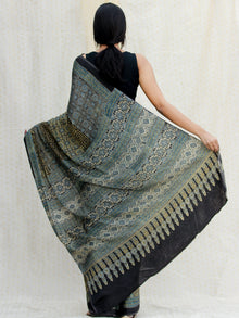 Black Green Indigo Ajrakh Hand Block Printed Modal Silk Saree in Natural Colors - s031704243