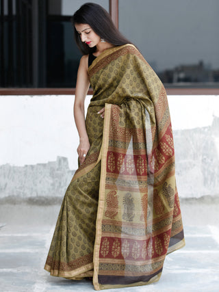 Olive Green Maroon Black Bagh Hand Block Printed Maheswari Silk Saree - S031703825