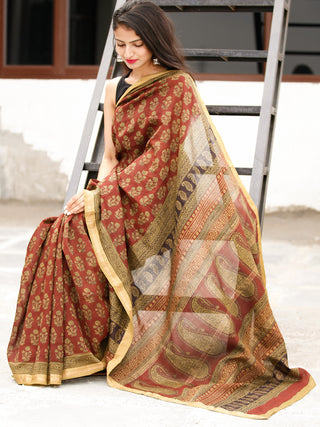Rust Olive Green Black Bagh Hand Block Printed Maheswari Silk Saree - S031703816