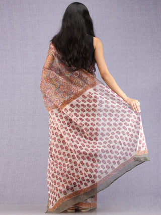 Grey Maroon Off white Mustard Hand Block Printed Kota Doria Saree - S031704582