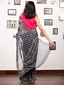 Deep Indigo White Hand Block Printed Chiffon Saree with Zari Border - S031703152