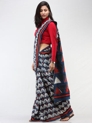 Indigo Ivory Red Hand Block Printed Cotton Mul Saree - S031704455