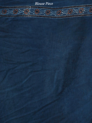 Indigo Black Maroon Ivory Ajrakh Hand Block Printed Cotton Saree in Natural Colors - S031703712