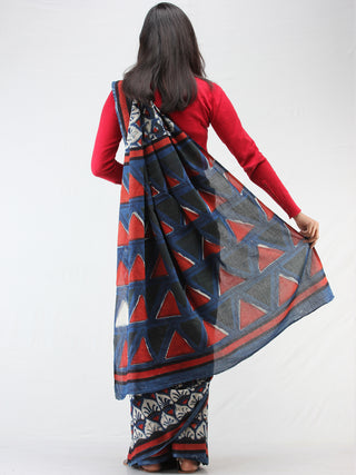 Indigo Ivory Red Hand Block Printed Cotton Mul Saree - S031704455