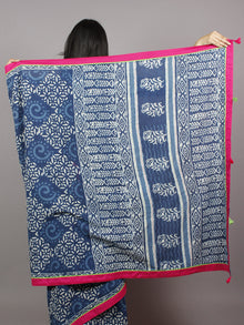 Indigo White Pink Hand Block Printed & Thread Embroidered Cotton Saree With Tassels - S031701361