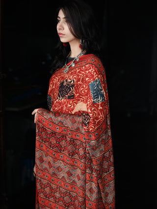 Red Beige Black Ajrakh Hand Block Printed Modal Silk Saree in Natural Colors - S031703356