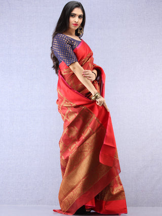 Banarasee Chanderi Silk Saree With Zari Work - Maroon Red Gold - S031704377