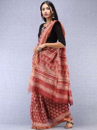 Rosewood Ivory Hand Block Printed Maheshwari Silk Saree With Zari Border - S031704478