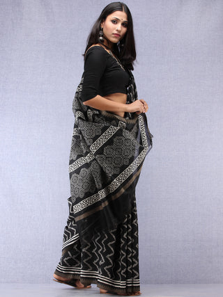 Black Grey Hand Block Printed Chanderi Saree With Geecha Border - S031704503