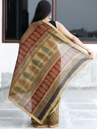 Olive Green Maroon Black Bagh Hand Block Printed Maheswari Silk Saree - S031703825