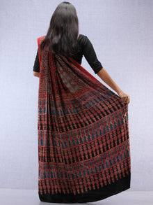Red Beige Black Indigo Ajrakh Hand Block Printed Modal Silk Saree - S031704443
