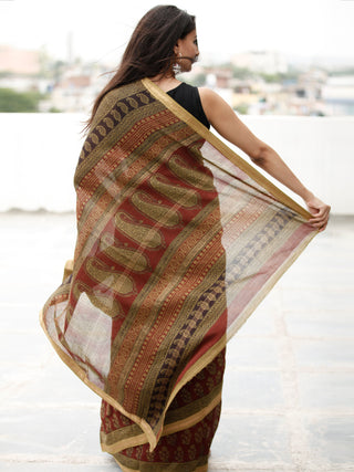 Rust Olive Green Black Bagh Hand Block Printed Maheswari Silk Saree - S031703816