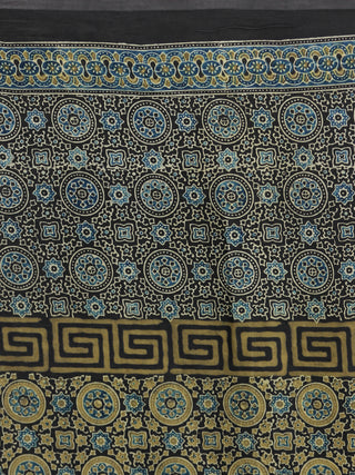 Black Green Indigo Ajrakh Hand Block Printed Modal Silk Saree in Natural Colors - s031704243