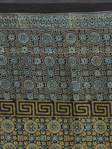 Black Green Indigo Ajrakh Hand Block Printed Modal Silk Saree in Natural Colors - s031704243