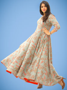 Mahek - Coral Grey Printed Urave Cut Long Dress With Tie Up Deep Back - D395F1992