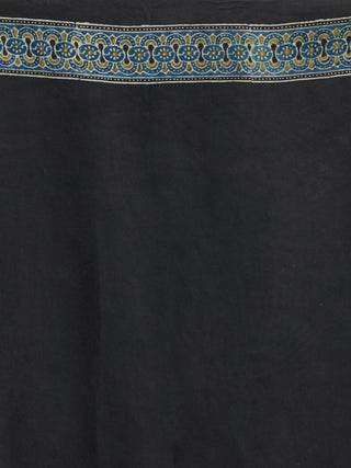 Black Green Indigo Ajrakh Hand Block Printed Modal Silk Saree in Natural Colors - s031704243