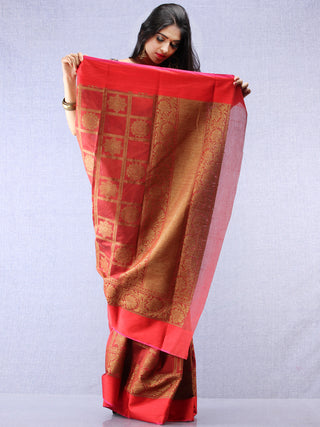 Banarasee Chanderi Silk Saree With Zari Work - Maroon Red Gold - S031704377