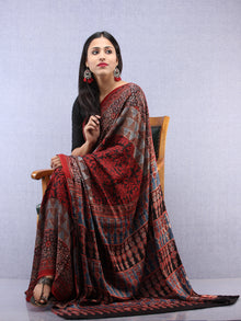 Red Beige Black Indigo Ajrakh Hand Block Printed Modal Silk Saree - S031704443