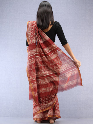 Rosewood Ivory Hand Block Printed Maheshwari Silk Saree With Zari Border - S031704478