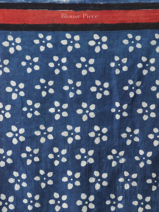Indigo Ivory Red Hand Block Printed Cotton Mul Saree - S031704455