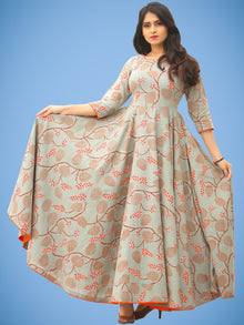 Mahek - Coral Grey Printed Urave Cut Long Dress With Tie Up Deep Back - D395F1992