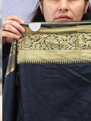 Banarasee Semi Silk Saree With Zari Work - NavyBlue & Gold - S031704399