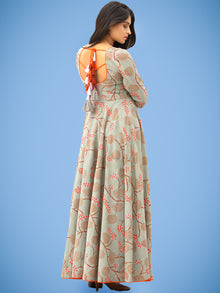 Mahek - Coral Grey Printed Urave Cut Long Dress With Tie Up Deep Back - D395F1992