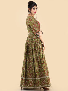 Naaz Ada - Hand Block Printed Long Cotton Dress With Gathers & Tassels - DS80F001