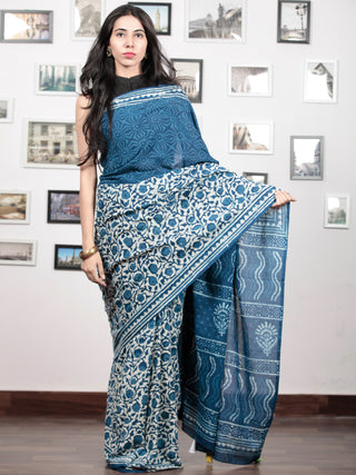 Indigo White Hand Block Printed Cotton Mul Saree With Potli Tassels  - S031703023