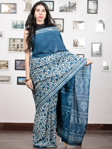 Indigo White Hand Block Printed Cotton Mul Saree With Potli Tassels  - S031703023