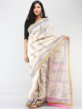 White Pink Blue Chanderi Hand Block Printed Saree With Geecha Border - S031704462