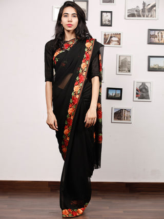 Black Red Peach Green Aari Embroidered Georgette Saree From Kashmir  - S031704065