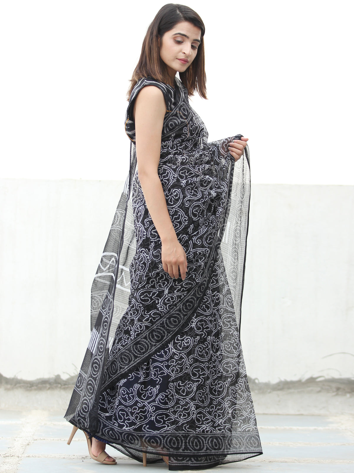 Black White Hand Block Printed Kota Doria Saree  - S031704075