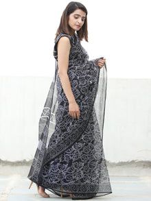 Black White Hand Block Printed Kota Doria Saree  - S031704075