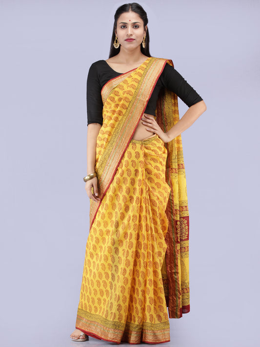 Yellow Red Bagh Printed Maheshwari Cotton Saree - S031704240