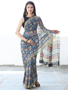 Indigo Ivory Red Hand Block Printed Chiffon Saree with Zari Border - S031703919
