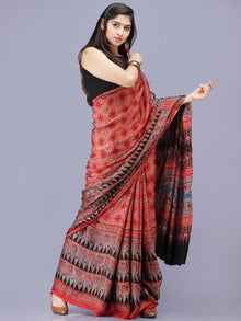 Red Indigo Black Ajrakh Hand Block Printed Modal Silk Saree - S031704185