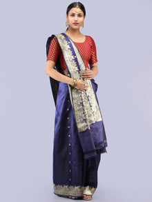Banarasee Pure Katan Silk Handloom Saree With Zari Work - Navy Blue & Gold - S031704296