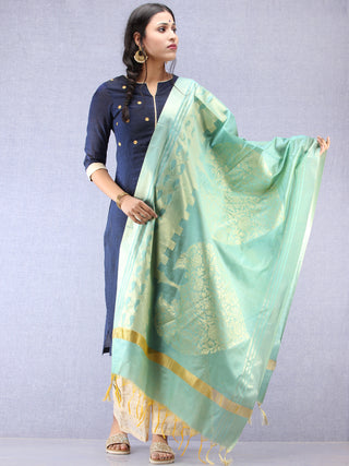 Banarasi Chanderi Dupatta With Zari Work - Sea Green & Gold - D04170798