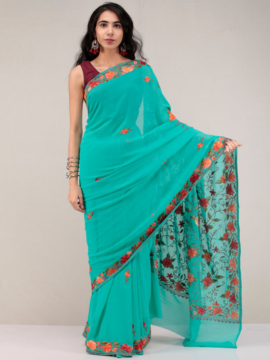 Green Aari Embroidered Georgette Saree From Kashmir - S031704631