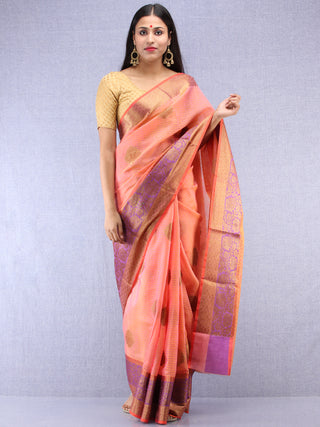 Banarasee Cotton Silk Saree With Zari Work - Peach Gold & Purple - S031704408