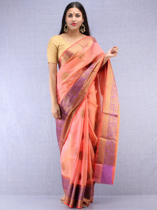 Banarasee Cotton Silk Saree With Zari Work - Peach Gold & Purple - S031704408