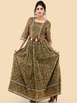 Naaz Ada - Hand Block Printed Long Cotton Dress With Gathers & Tassels - DS80F001