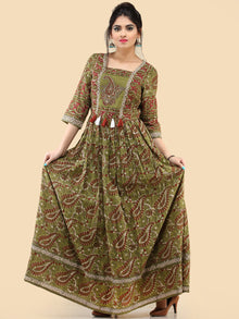 Naaz Ada - Hand Block Printed Long Cotton Dress With Gathers & Tassels - DS80F001