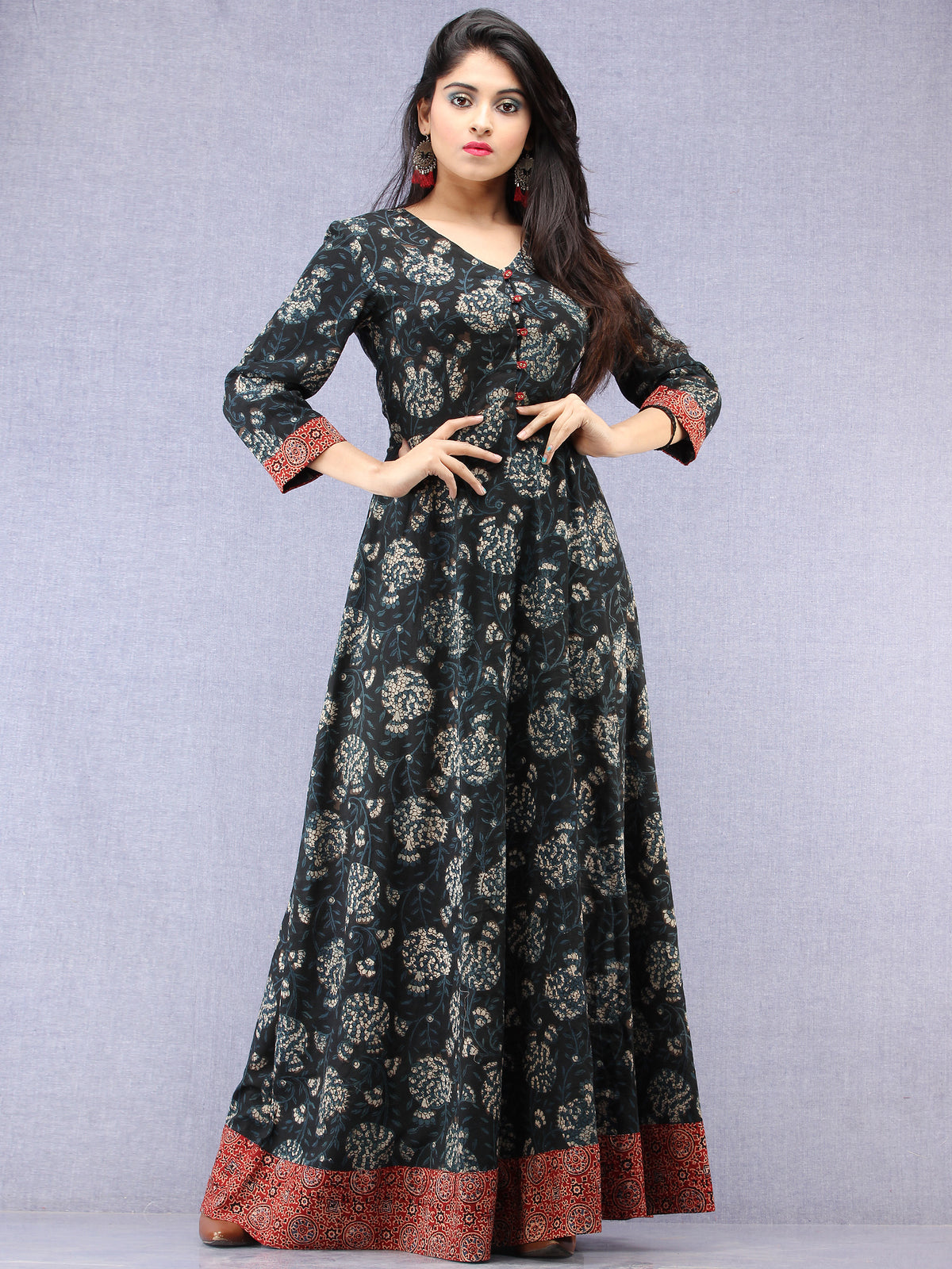 Nazmin - Hand Block Printed Long Cotton Dress With Back Knots  - D162F1823
